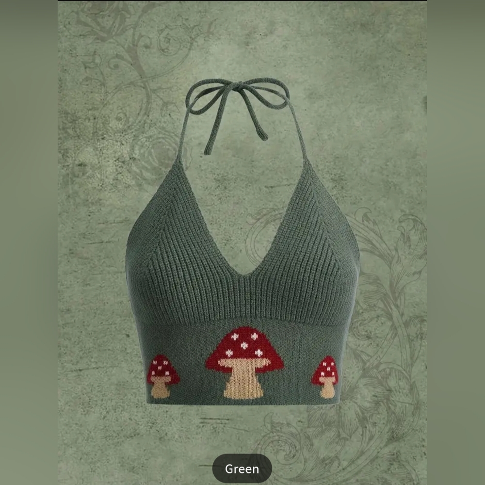 NWOT Y2K Mushroom Print halter top, sexy V neck summer knit top,